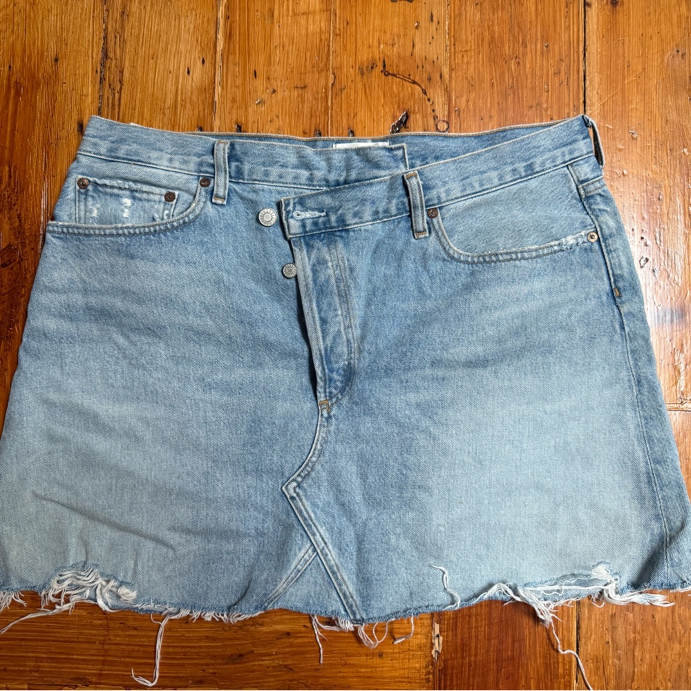 Agolde Light Wash Asymmetrical Denim Mini Skirt - Picture 3 of 6